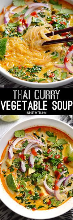 thai curry vegetable soup in a white bowl with chopsticks on the side, and an image of noodles