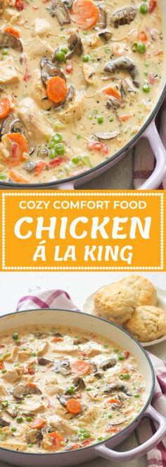 chicken and vegetable soup in a white pot with text overlay that reads cozy comfort food chicken alking