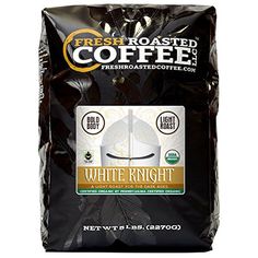 fresh roasted coffee bag with white knight logo on the front and black beans in the back