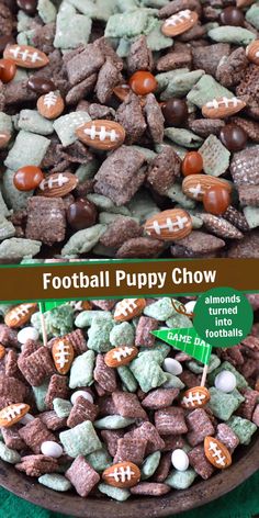 a bowl filled with football puppy chow on top of a table