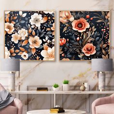 two floral paintings on the wall in a living room