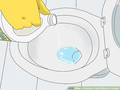 a person in yellow rubber gloves is washing a toilet with a sprayer and soap