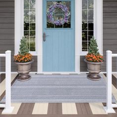 two potted plants sitting on the front steps of a house with a blue door