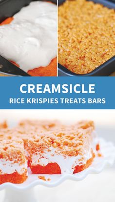 three pictures with different types of desserts and the words creamsice rice krispies treats bars