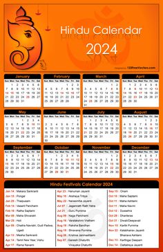 the hindu calendar is shown in orange and black