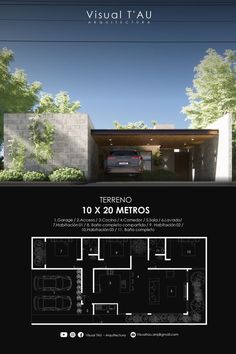 the floor plan for a modern house with an attached garage and living room, as well as