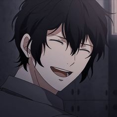 an anime character with black hair and dark eyes looking to his left, smiling at the camera