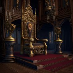 a golden throne sitting on top of a red carpeted floor next to gold pillars