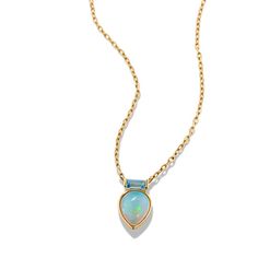 A natural opal and sky blue topaz gemstone create a dreamy combination in this stylish pendant. Crafted in warm 14-karat yellow gold  it comes on a matching diamond-cut cable chain with a secure lobster clasp for worry-free wear. To care for natural opals  gently clean in warm water with mild detergent and a soft toothbrush or cloth. Avoid bleach  chemicals  cleaners  and rapid temperature changes. Blue Topaz Pendant, Topaz Pendant, Blue Topaz Gemstone, Step Kids, Soft Toothbrush, Sky Blue Topaz, Opal Pendants, Topaz Gemstone, Natural Opal