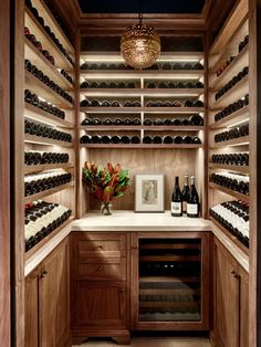 a wine cellar with wooden cabinets and shelves filled with bottles of wine on the counter