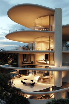 an architecturally designed house with circular staircases