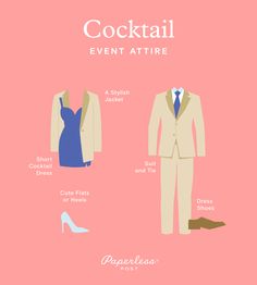 a poster with different types of clothes and footwear for cocktails, event attire