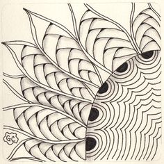 a drawing of an abstract design with lines and shapes in the form of leaves on white paper