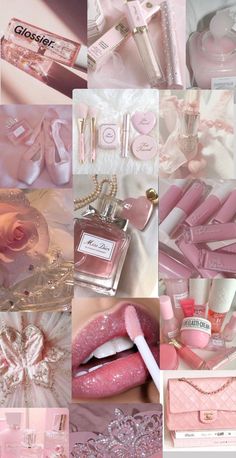 the collage shows pink and white items