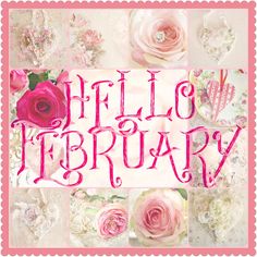 the words hello february are surrounded by pink roses and other florals on a white background