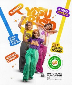 an advertisement for kids's clothing featuring three girls in colorful pants and t - shirts