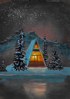 a painting of a cabin in the snow