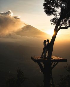 two people standing on top of a wooden platform near a tree with the sun setting in the background