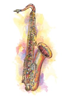 a drawing of a saxophone on a watercolor background