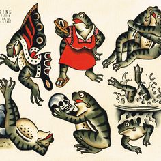 an image of frogs and other animals in various poses on a sheet of paper with ink