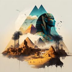 an egyptian landscape with pyramids and palm trees