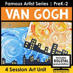 an advertisement for the van gogh art show with buildings and blue sky in the background