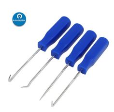 three blue plastic capacitors with metal tips on each side and one is holding two