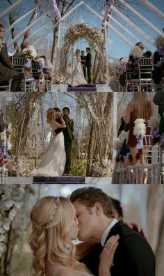 a couple kissing in front of a wedding ceremony