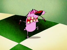 a cartoon character is dancing on a checkered floor with his mouth open and tongue out