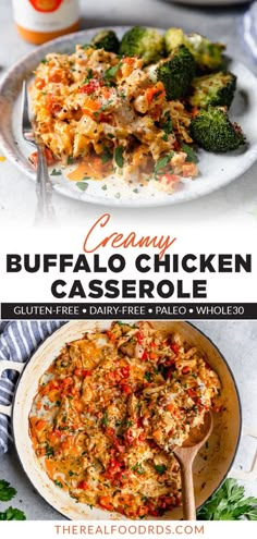 the recipe for creamy buffalo chicken casserole is shown