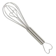 a metal whisk on a white background with a heart shaped wire attached to it