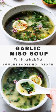 garlic miso soup with greens in a white bowl