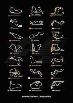 formula one world championship poster with all the cars in their respective positions on black background