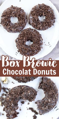 chocolate donuts on a white plate with the words box brownie chocolate donuts