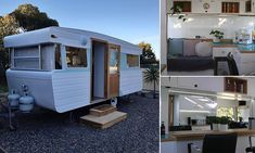 an old camper converted into a home office and living room with built in desks