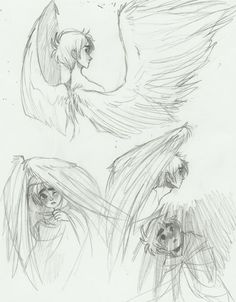 two drawings of an angel and a demon with their wings spread out in the air