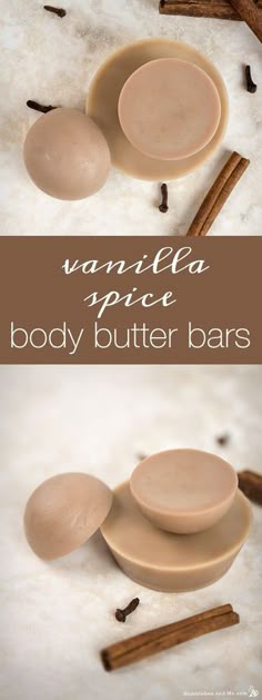 vanilla spice body butter bars with cinnamon sticks on top and in the background, there are two