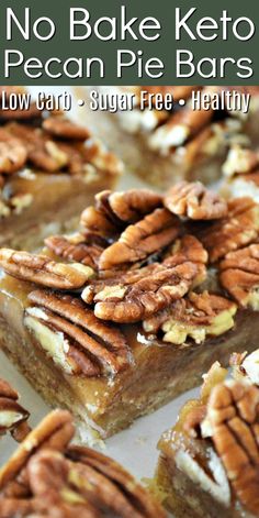 no bake keto pecan pie bars with text overlay