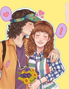 two people that are kissing each other with flowers in front of their faces on a yellow background