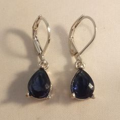 Blue Gem Earrings, Dark Blue Accessories Aesthetic, Earrings Prom, Earrings Blue, Sapphire Earring, Teardrop Sapphire Wedding Jewelry, Teardrop Sapphire Earrings, Silver Sapphire Drop Earrings, Formal Sapphire Teardrop Earrings