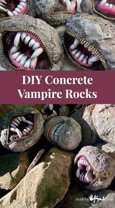 some rocks with fake teeth on them and text that reads diy concrete vampire rocks