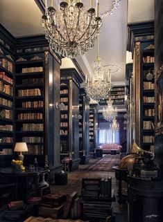 a library with chandelier, bookshelves and couches