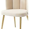 a white chair with gold legs and a beige seat cushion on the back, against a white background