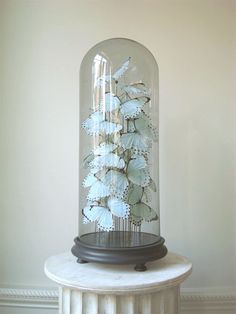 a glass dome with some white flowers in it on top of a marble pedestal next to a wall