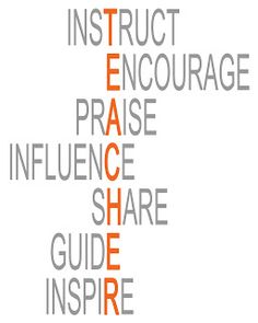 the words instruct, encourage, praise, influence, share and inspire