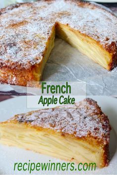 french apple cake with powdered sugar on the top and bottom, cut in half