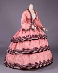 1855 Pink silk taffeta dress with black silk velvet border pattern Augusta Auctions Pink Evening Gown, Crinoline Dress, Pink Evening Gowns, Augusta Auctions, 19th Century Clothing, Silk Evening Gown, Victorian Ladies