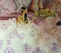 a painting of a woman and a cheetah sitting on a bed with pink flowers