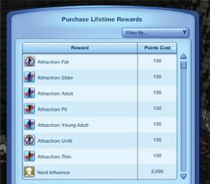 a screen shot of the purchase list for purchasing items from pucha's little time rewards