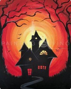 this is an acrylic painting of a spooky house